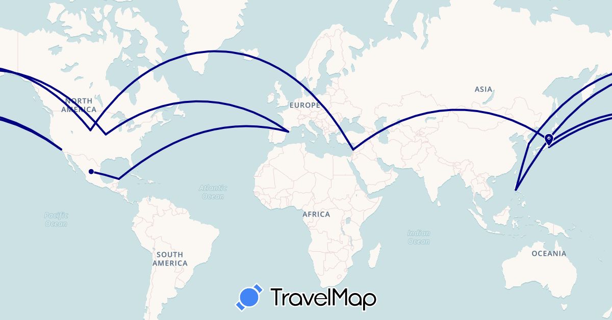 TravelMap itinerary: driving in Spain, Japan, South Korea, Lebanon, Mexico, Philippines, United States (Asia, Europe, North America)